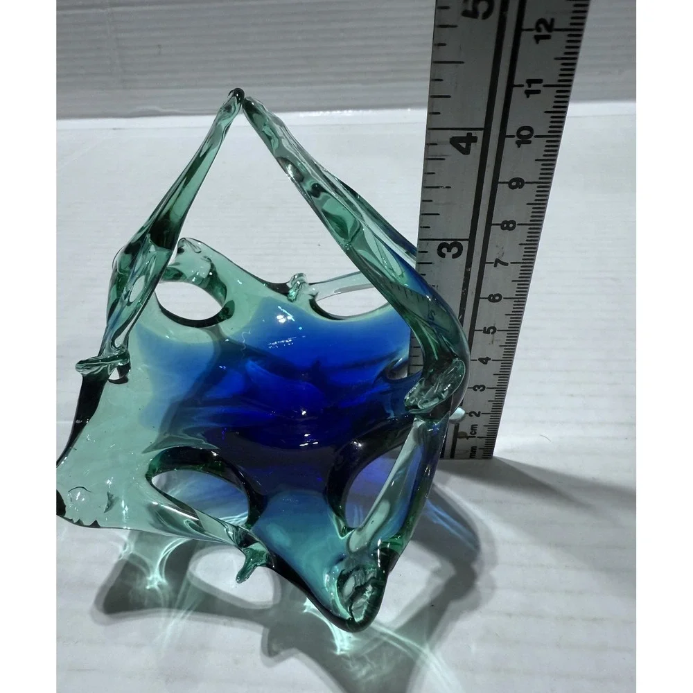 Vintage Murano Style MCM Blue‎ Green Art Glass Basket - Size 4.5 x 4.5 x 4